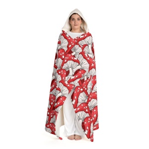 Hooded Sherpa Fleece Wearable Blanket - Red Amanita Mushrooms - Psychedelic Print - Red and White Fungi - Burner Blanket - Camping