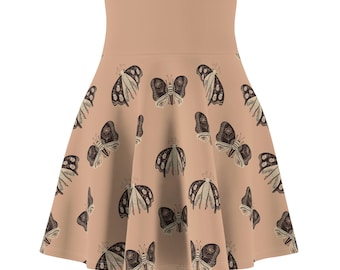 Women's Skater Skirt - Moth Circle Skirt - Insect Lover - Cottage Core - Neutral Colors - Nature