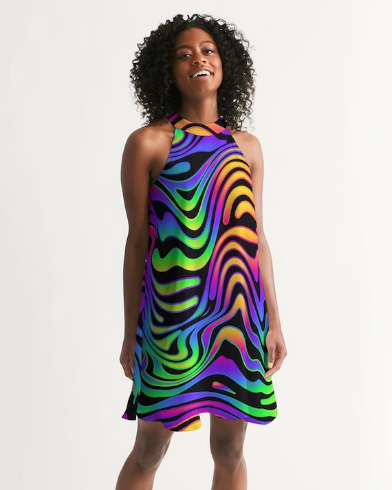 Women's Halter Dress - Trippy Neon Zebra - High Neck - Above the Knee - Fully Lined - Rainbow Swirl - Raver Festival - Sleeveless 80's 90's - Etsy Women's Halter Dress - Trippy Neon Zebra - High Neck - Above the Knee - Fully Lined - Rainbow Swirl - Raver Festival - Sleeveless 80's 90's - Etsy
