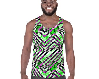 May include: A sleeveless tank top with a vibrant, abstract design. The pattern features a mix of green, purple, black, and white lines and shapes. The tank top is made of a soft, comfortable material.