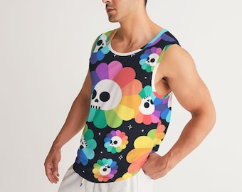 May include: A black tank top featuring a vibrant floral pattern with rainbow-colored petals and skull centers. The design includes white trim around the neckline and armholes. The tank top is made of a lightweight material.
