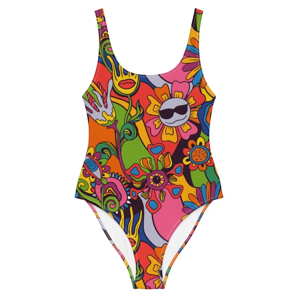 One-Piece Swimsuit - Y2K Smiley Face - Funky 70's Psychedelic Pattern - Summer Festival Bathing Suit - Cheeky Fit - Low Scoop Back