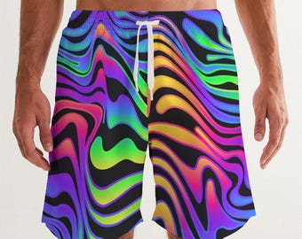 May include: Vibrant swim trunks with a psychedelic, swirling pattern in shades of purple, blue, green, yellow, and orange against a black background. The shorts have a drawstring waist and a relaxed fit, perfect for the beach or pool.