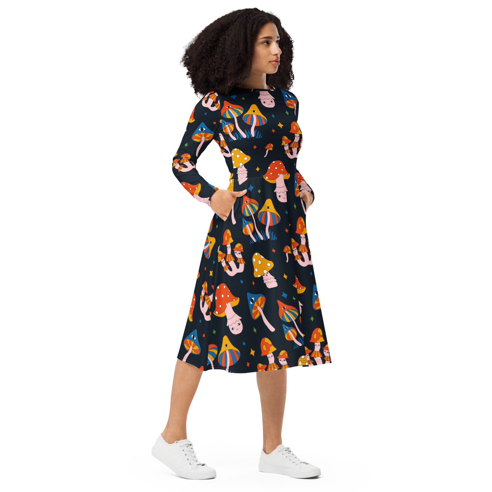 Long Sleeve Midi Dress w/ Pockets - Cute Psychedelia - Acid Trip -Mushroom Characters - Cartoon print - Colorful - Modest Skirt