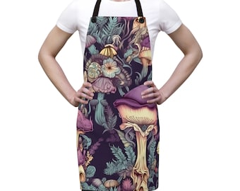May include: A purple and yellow kitchen apron with a mushroom and floral pattern.