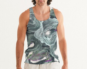 May include: A sleeveless tank top with a swirling abstract pattern in shades of green, blue, and white. The pattern resembles waves or clouds.