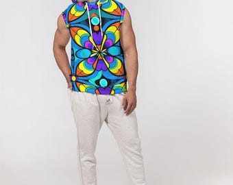 Men's Heavyweight Sleeveless Hoodie - Kaleidoscope Hooded Tank - Colorful Muscle Tee - Bright and Trippy - Men's Shirt with Hood