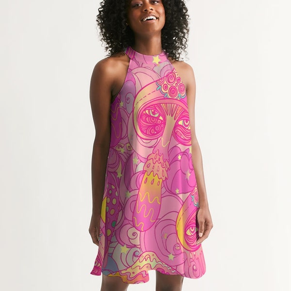 Women's Halter Dress Pink Magic Mushrooms Print - Hippy Trippy - Psychadelic - Festival Dress - High Neck - 60's / 70's