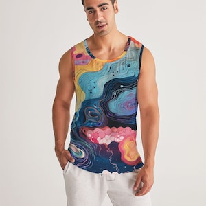 May include: A sleeveless tank top with a colorful abstract design featuring swirling lines and shapes in shades of blue, pink, yellow, and orange on a dark blue background.