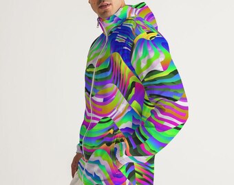 May include: A colorful, abstract patterned jacket with a zipper closure and a hood. The jacket features a variety of bright colors, including pink, blue, green, and yellow.