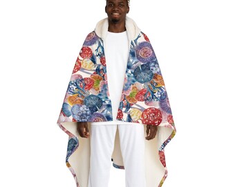 Manta con capucha de sherpa polar - Estampado psicodélico arcoíris - Hongos hippies - Festival Burner - Capa