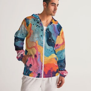 Men&#39;s Windbreaker - Trippy Vibes - Colorful Light Jacket - Thin Outerwear - Water-Resistant Coat - Hooded Zip-up - Rave Festival Wear
