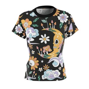 Womens Tee in Witchy Night Vibes - Trippy Pattern - Floral Skulls
