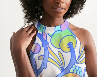 Women's Halter Dress in Cosmic Floral Print - Trippy Hippy Mushroom Pattern