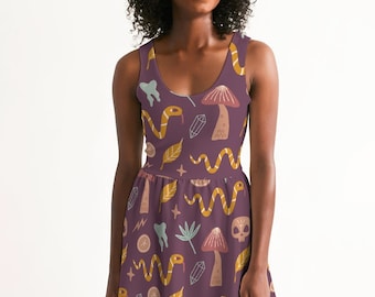 Scoop Neck Skater Dress - Witchy Print - Spooky Cute - Lite Goth - Women's Halloween Party Dress - Mushrooms Snakes Teeth - Curio - Oddities