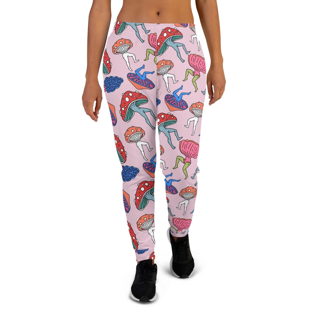 Women's Joggers Dancing Magic Mushrooms Pink Slim Fit Sweatpants Trippy