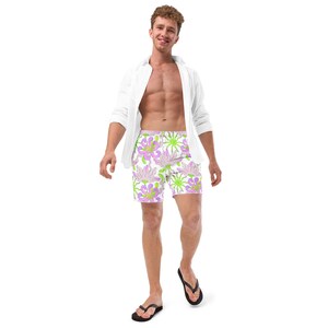 Zwembroek heren - golvend pastel bloemen - verborgen opbergvak - neongroen en paars - zwemshort - elastische tailleband - gerecycled materiaal