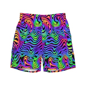 May include: Vibrant, psychedelic shorts with a swirling, colorful pattern. The design features a mix of neon green, yellow, orange, pink, and purple hues on a black background. These shorts are a bold statement piece.