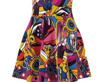 May include: A colorful, abstract print skirt with a high waist and a flared silhouette. The skirt features a variety of shapes and colors, including yellow, red, blue, pink, and black.