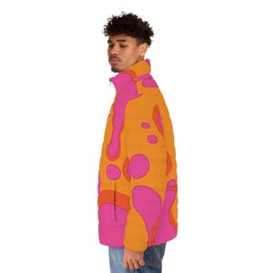Men's Puffer Jacket – Retro Pink Orange Lava Lamp Print, Abstract Streetwear Coat - Winter Coat - Puffy and Colorful - Warm Soft