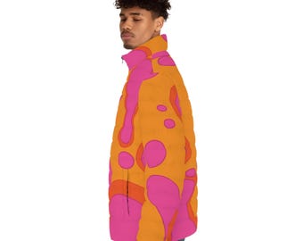 Men's Puffer Jacket – Retro Pink Orange Lava Lamp Print, Abstract Streetwear Coat - Winter Coat - Puffy and Colorful - Warm Soft
