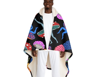 Hooded Sherpa Fleece Wearable Blanket - Colorful -Trippy Dancing Mushrooms - EDM Rave - Stoner Gift - Burner Festival