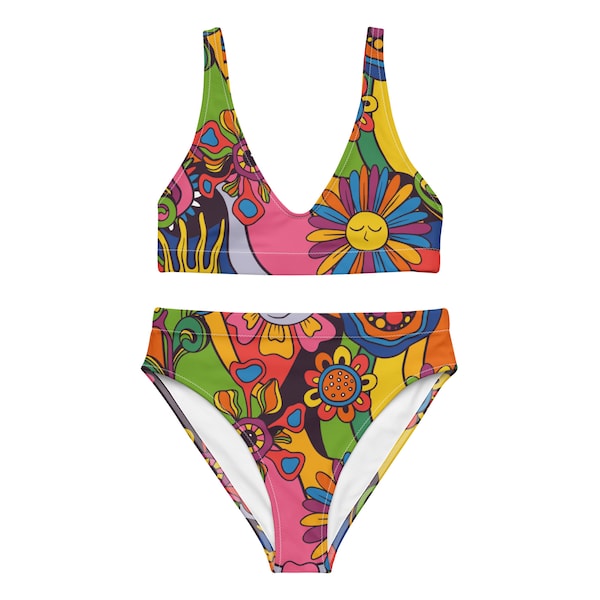 Recycled high-waisted bikini - Psychedelia 70's - EDM Rave - Stoner Burner - Colorful Trippy Bathing Suit - Y2K