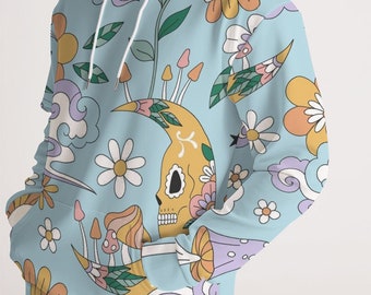 May include: A light blue hoodie with a colorful, psychedelic print featuring a skull and crescent moon, flowers, mushrooms, and clouds.