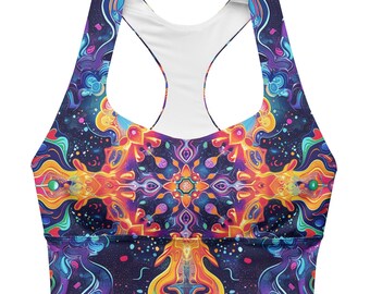 May include: A colorful sports bra with a vibrant, symmetrical design. The bra features a kaleidoscope of colors, including blues, purples, oranges, and yellows, creating a psychedelic pattern. The racerback style and white interior provide a comfortable fit for workouts.