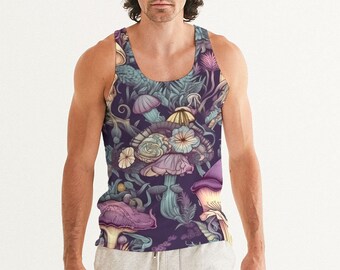 May include: A sleeveless tank top with a colorful mushroom and floral pattern on a dark purple background.