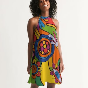 Women's Halter Dress - 70's Disco Dress - Trippy Summer - Colorful High Neck Dress - A-line - Sleeveless Dress - Groovy Psychedelia Print