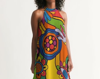 Women's Halter Dress - 70's Disco Dress - Trippy Summer - Colorful High Neck Dress - A-line - Sleeveless Dress - Groovy Psychedelia Print