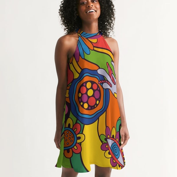 Robe licou pour femmes - Robe Disco des années 70 - Été Trippy - Robe à col haut colorée - A-line - Robe sans manches - Imprimé psychédélique Groovy