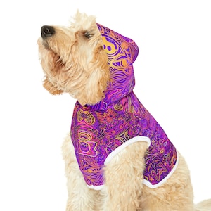 Dog Hoodie in Psytrance Print - Sleeveless All-Season Pet Sweatshirt - Purple Magic Mushrooms Jumper