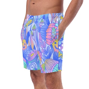 Men&#39;s Swim Trunks - Eco Friendly - Recycled Polyester - Colorful & Trippy - Y2k Raver - Blue Magic Mushrooms - Stash Pocket - Swim Shorts