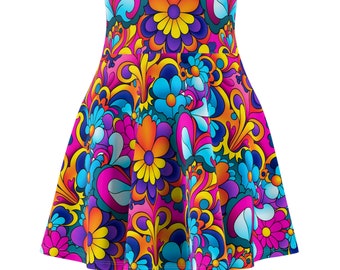 Women's Disco Skater Skirt - Flower Power - Bright Colors - Trippy Fashion - Circle Skirt - Festival Wear - Comfortable