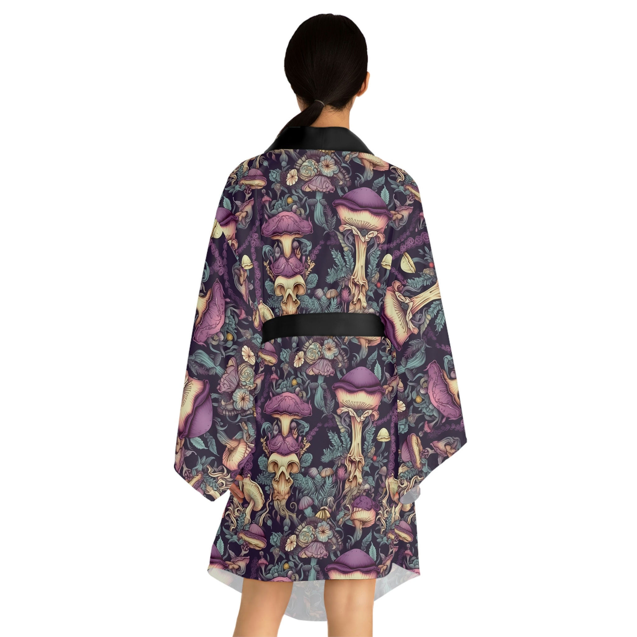 Long Sleeve Kimono Robe - Dark Mushroom Floral Print - Mid-length Robe ...
