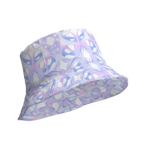 May include: A white bucket hat with a colorful, abstract pattern of swirls and loops in shades of blue, pink, and purple.