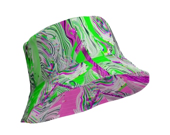 May include: A green and pink bucket hat with a psychedelic, abstract pattern. The hat has a wide brim and a flat crown.