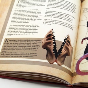 May include: Open book with illustrations of a kraken. One page features a detailed drawing of a kraken's beak, while the other side shows a purple and black kraken with tentacles. The book has a red cover.
