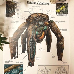 May include: Anatomy diagram of an Eridian creature, featuring detailed internal and external structures. The illustration includes labels such as "Heart," "Gas bladder," and "Sterilization chamber." The artwork is in shades of brown, green, and blue, with a scientific aesthetic.
