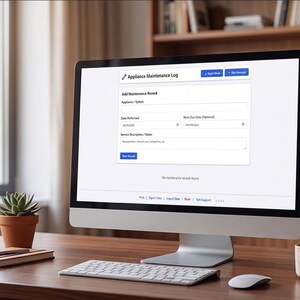 Op de afbeelding: Een computerscherm met een "Appliance Maintenance Log". De computer staat op een houten bureau met een toetsenbord, muis, kleine plant, notitieboek en koffiekopje. Een raam en een boekenkast zijn op de achtergrond te zien.