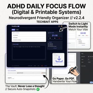 Op de afbeelding: Een digitale organizer-interface met de tekst "ADHD DAILY FOCUS FLOW" en "Neurodivergent Friendly Organizer". De interface bevat secties voor taken, tijdregistratie en gewoonte-tracking. De afbeelding toont ook een afdrukoptie en een kluis-functie.