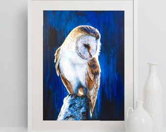 Barn owl, blue, bright, limited edition Giclee print, artist,original art painting by PaulH, artwork, animal art, wallart, acrylic, wildlife