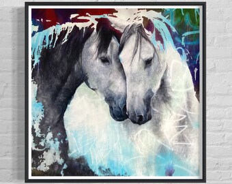Is This Love, limited edition print, white horses, grey, horse, colourful, fine art, painting, acrylic, equestrian, British, self taught