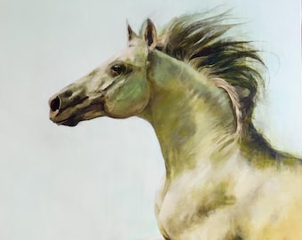 Pintura original del Caballo Blanco, pintura acrílica en aerosol sobre lienzo de lino