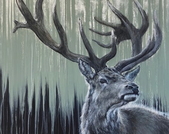 Impresión giclée de edición limitada de Ciervo Verde, arte animal firmado