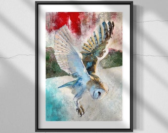 Lechuza común en vuelo, impresión giclée de edición limitada, arte mural de vida silvestre