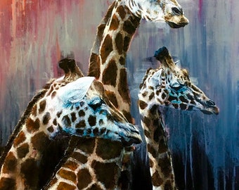 Grey Giraffes print, limited edition, signed by artist, original art painting by PaulH, artwork, animal art, wallart, acrylic, wildlife