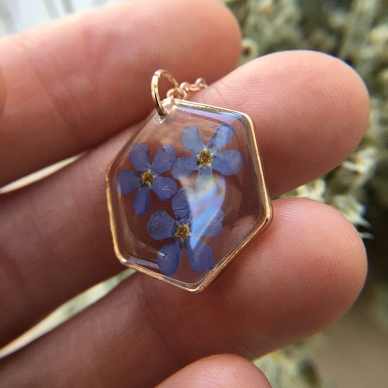 pressed flowers geometric jewelry forget-me-not resin necklace Rose gold hexagon resin necklace botanical jewelry